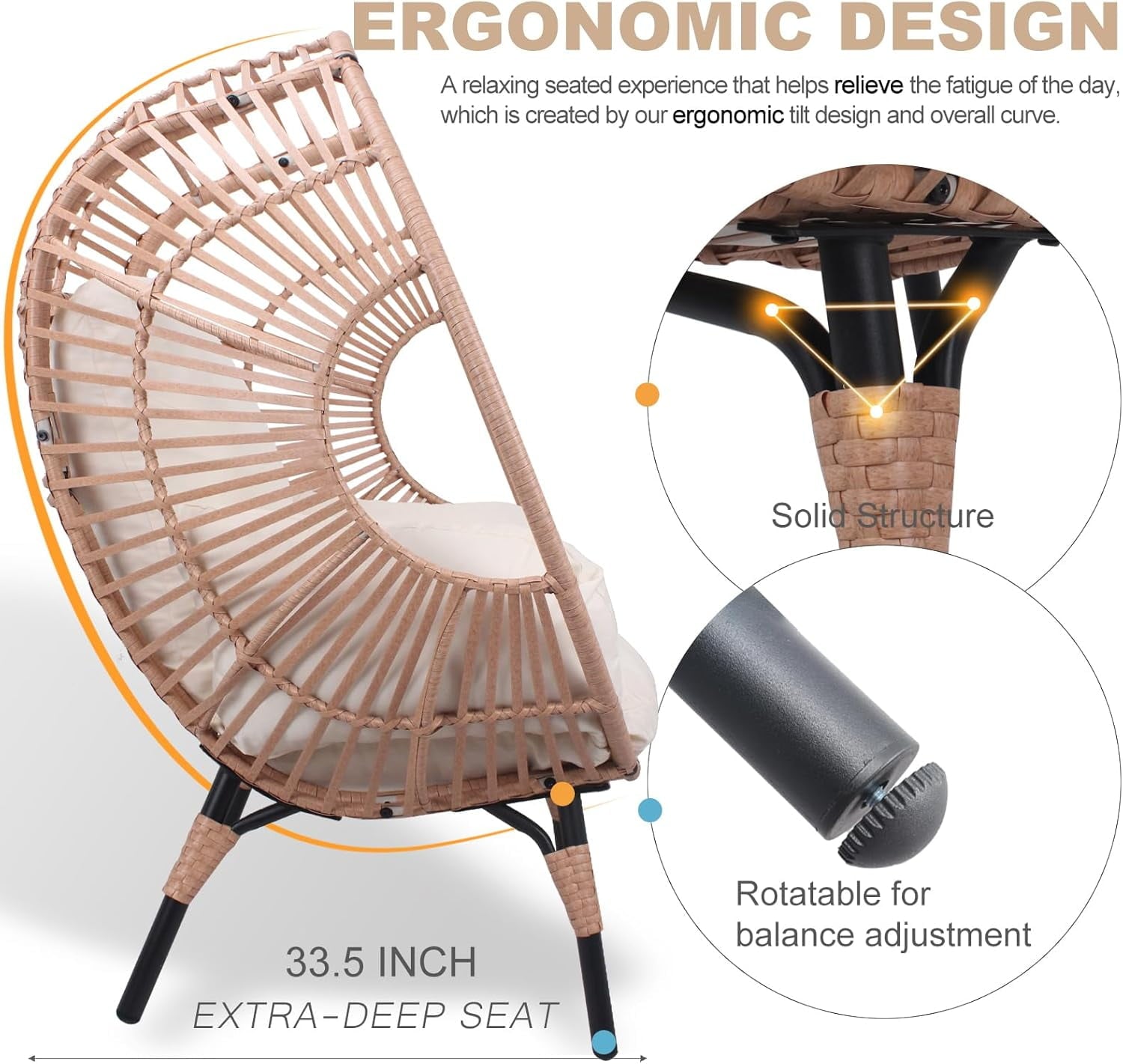 TQKVIPI Oversized Egg Chair Outdoor Indoor,Patio Lounge Chair with Thicken Cushions & Durable Steel Frame, Egg Basket Chair 500lbs Capacity for Garden, Backyard, Porch,Bedroom (Beige-Regular)