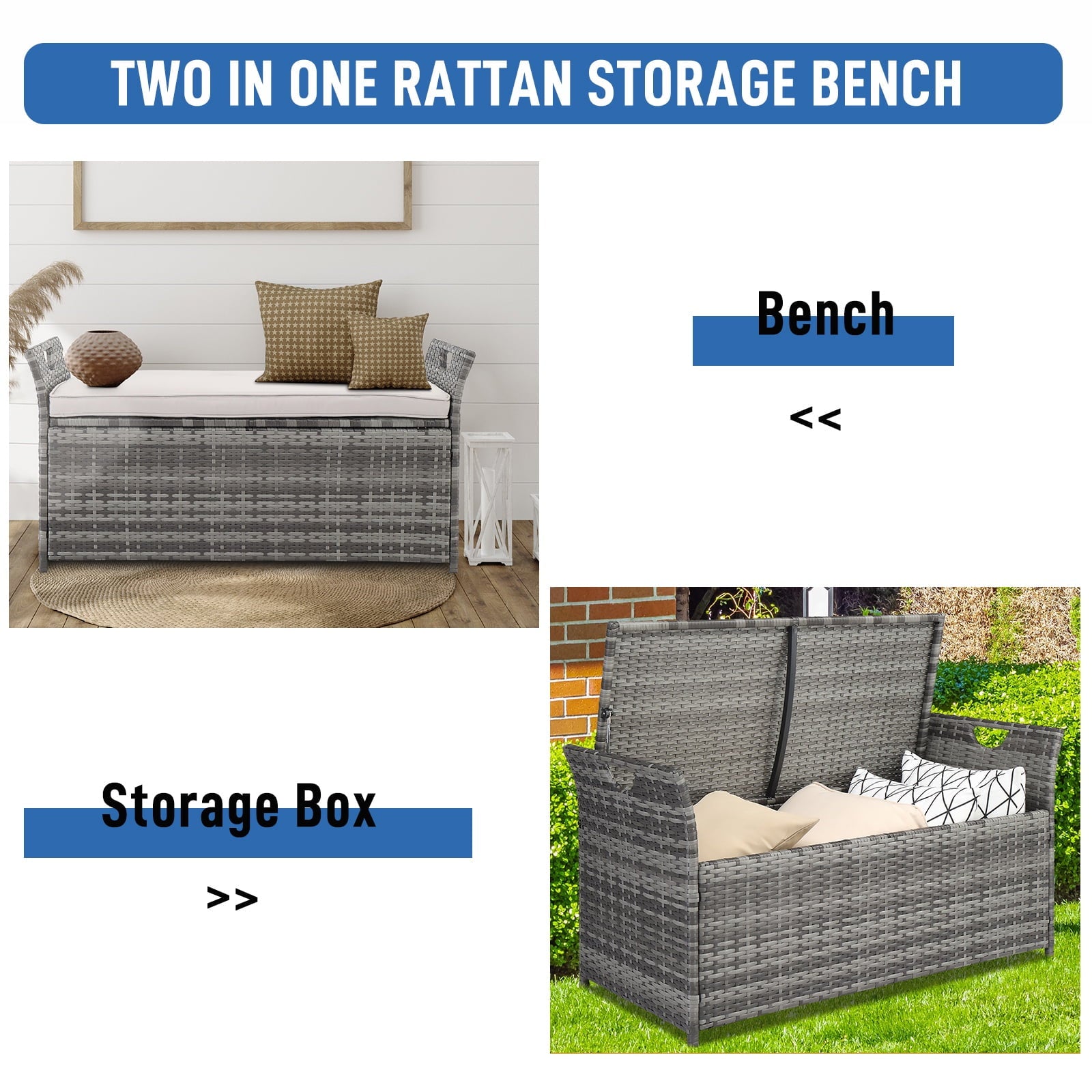 Patio Deck Box, Wicker Outdoor Storage Bench w/Cushion, PE Rattan Patio Storage Furniture with Iron Frame, Cushioned Storage Footstool for Indoor