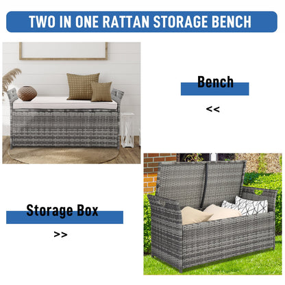 Patio Deck Box, Wicker Outdoor Storage Bench w/Cushion, PE Rattan Patio Storage Furniture with Iron Frame, Cushioned Storage Footstool for Indoor