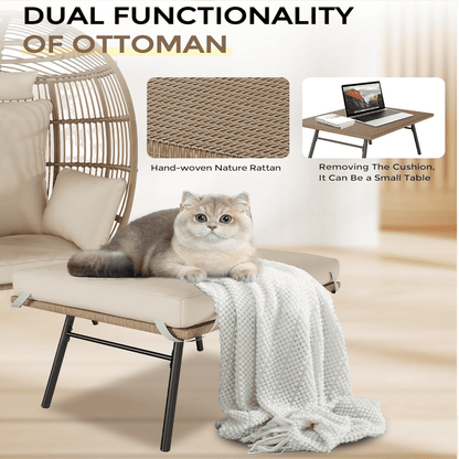 Wicker Egg Chair with Ottoman,Outdoor Indoor Large Egg Basket Lounge Recliner Chair with Thick Cushion for Patio Porch Backyard