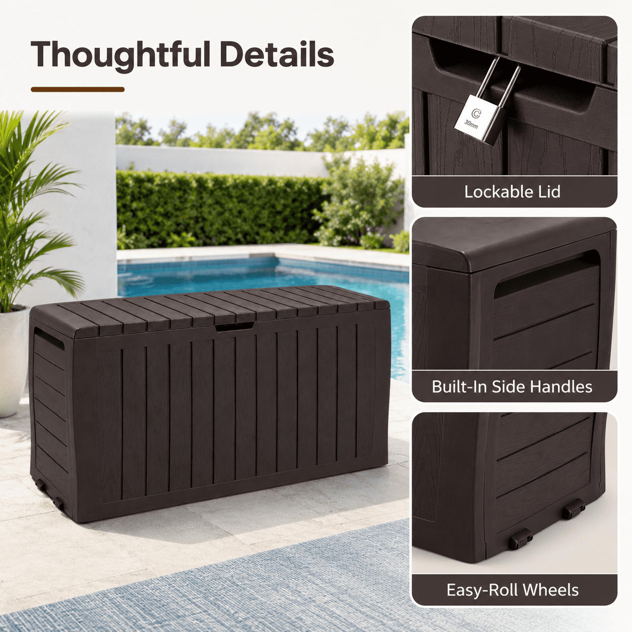 75GAL Outdoor Storage Box, Seizeen Deck Box for Outside, Storage Bench w/Wheels & Padlock, All-weather Waterproof Patio Storage Container for Cushions, as Seat Max 250LBS, Espresso