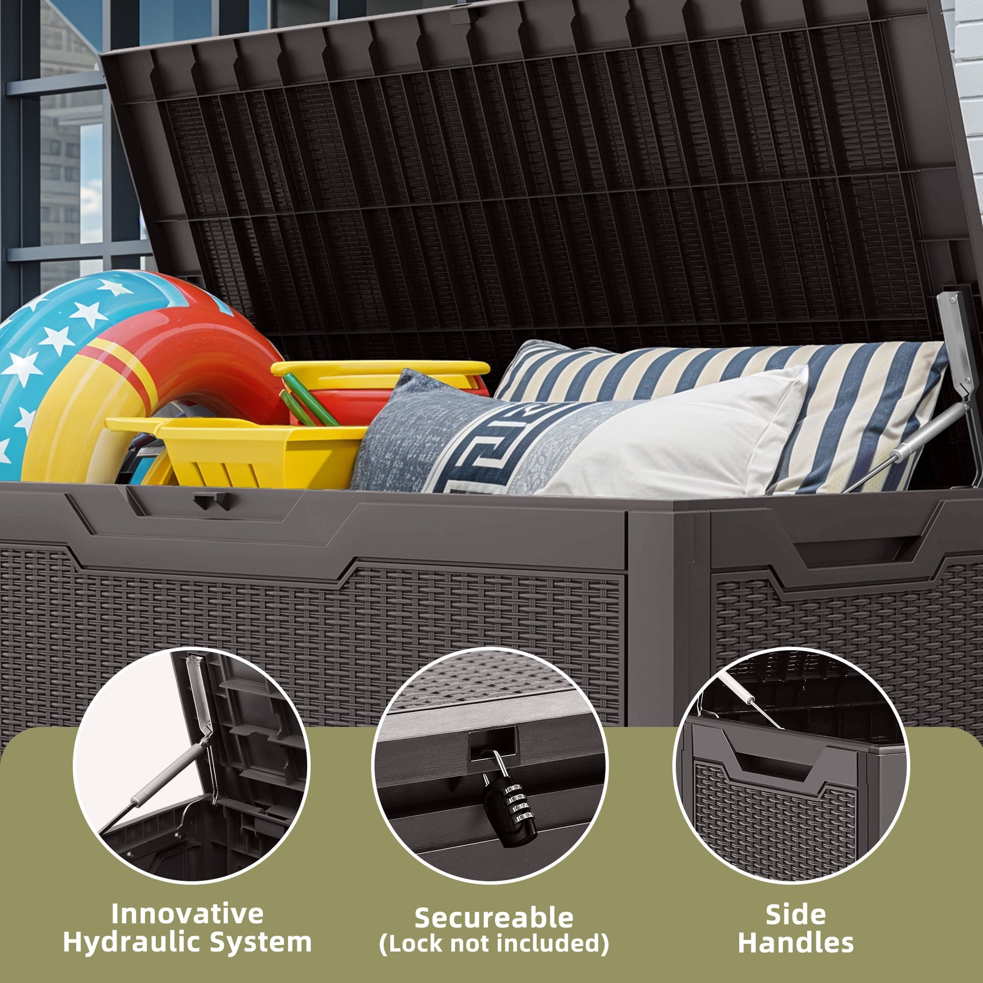 Uforic Lockable 100 Gallon Resin Deck Box, Heavy-Duty Weather Resistant Outdoor Storage Chest, Versatile Storage Solution for Patio Accessories and Daily Essentials, Dark Brown