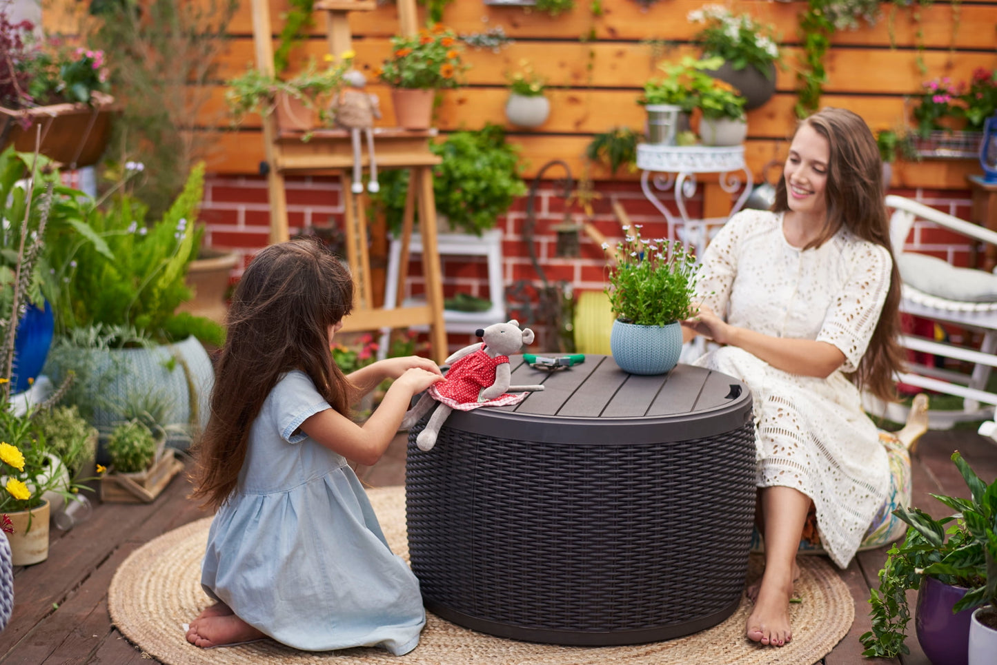 Keter Circa Rattan Look 37 Gallon Resin Round Deck Box, Patio Table for Outdoor Cushion Storage, Grey