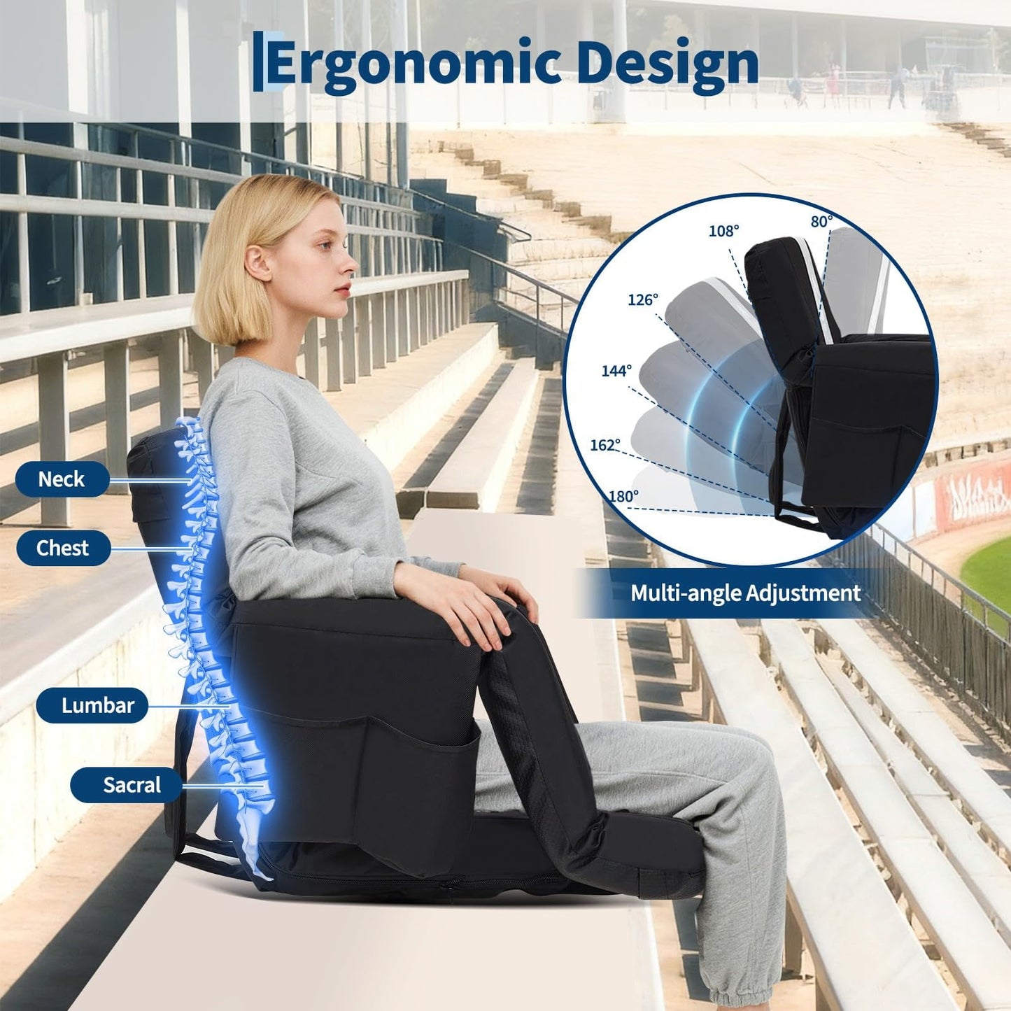 Stadium Seats with Back Support & Padded Cushion – Extra Wide 24.5" Bleacher Chair with Anti-Slip Mat – 6 Adjustable Reclining Positions – Large Pockets & Cup Holders – Portable, Foldable for Football