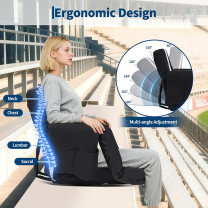 Stadium Seats with Back Support & Padded Cushion – Extra Wide 24.5" Bleacher Chair with Anti-Slip Mat – 6 Adjustable Reclining Positions – Large Pockets & Cup Holders – Portable, Foldable for Football