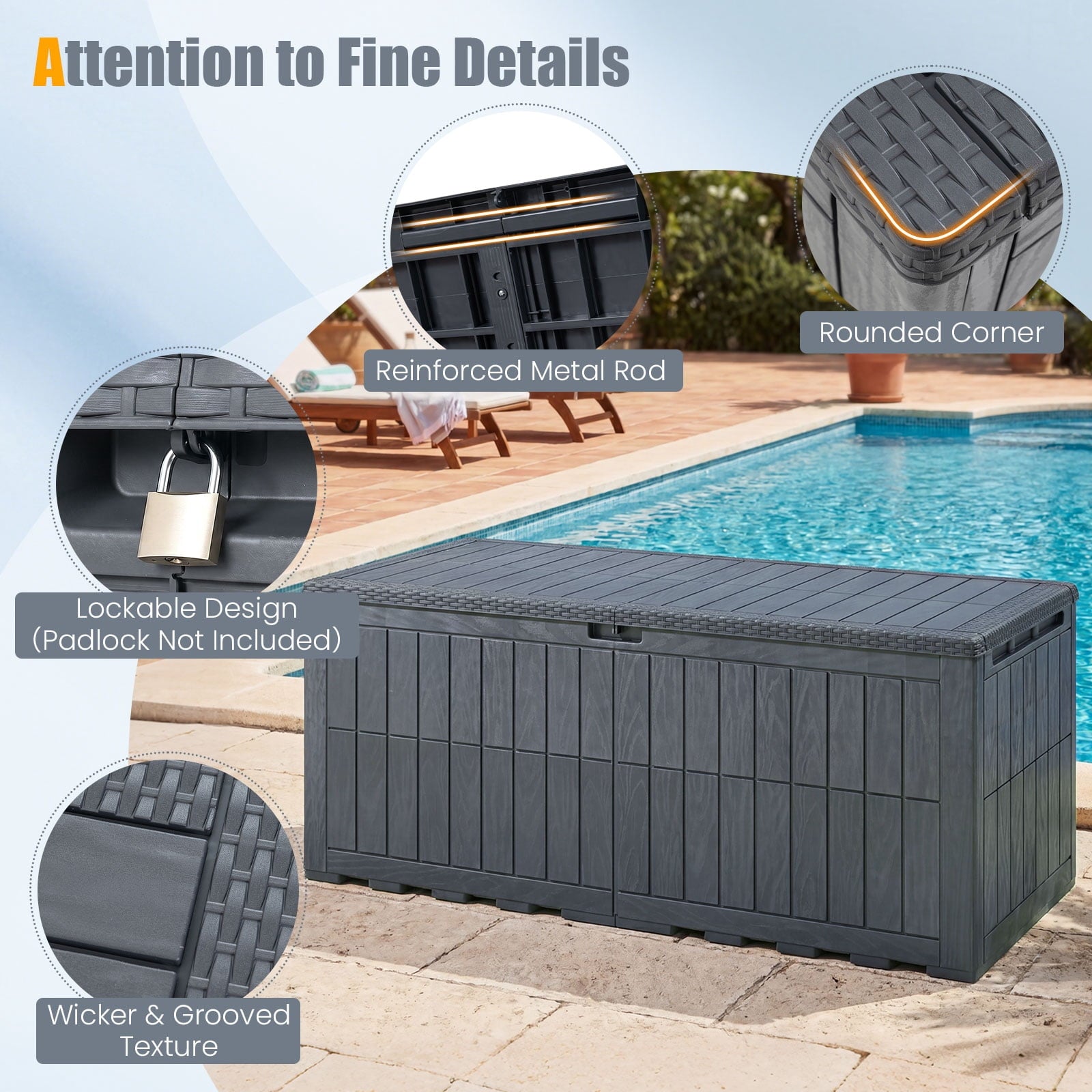 Costway 180 Gal Outdoor Deck Box, All-Weather Lockable Storage Bin with Lid and Handles Gray
