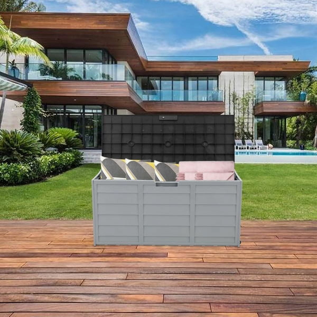 75 Gallon Deck Box Deck for Outside, Patio Large Storage Cabinet, Waterproof Storage Chest on Wheels for Christmas Gift, Garden Tools, Kids' Toys,Brown,260L