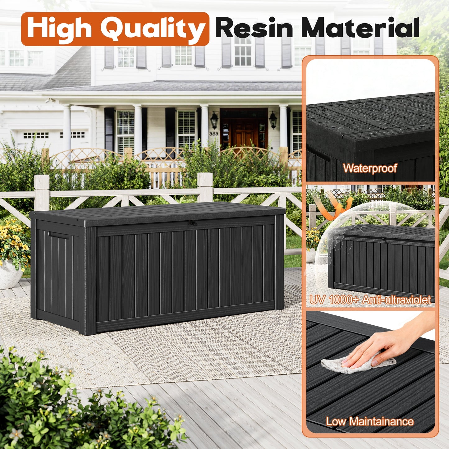 Nihsuao 130 Gallon Resin Deck Box, Lockable Outdoor Storage Container, Waterproof Storage Box for Patio Furniture Cushions, Black