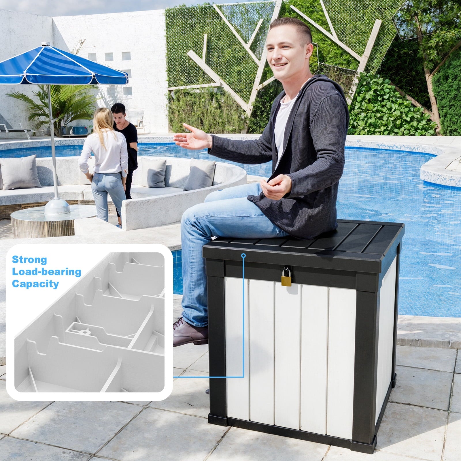 Easy Up 50 Gallon Resin Deck Box, Lockable Patio Outdoor Storage Box for Furniture, Garden Tools and Tools Storage, Waterproof Outside Storage Boxes