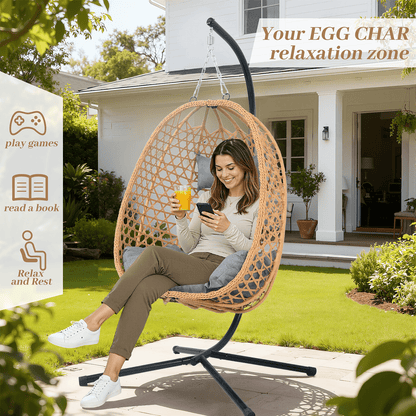 AstrPthylx Hanging Egg Chair with Stand - All-Weather Rattan Swing Chair & Cushions for Patio, Balcony, Garden, 350lb Capacity (Grey)