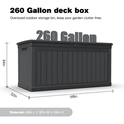Cirui 260 Gallon Large Deck Box,Lockable Resin Outdoor Indoor Storage Box with Hundles,Waterproof UV Resistant Outside Deck Box for Patio Furniture Cushions, Pool Float,Garden Tool,Black