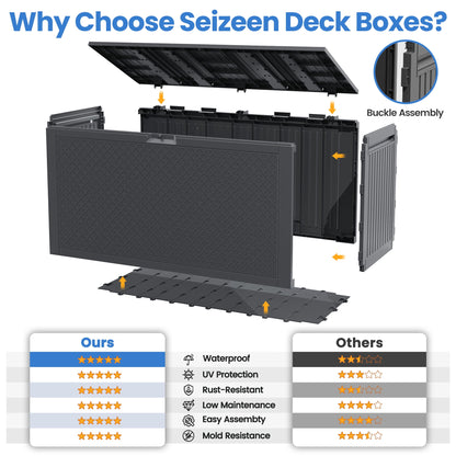 Seizeen 90GAL Outdoor Storage Box on clearance, Resin Deck Box Maze Pattern, Patio Toy Storage Furniture for Garden, MAX 485LBS Weight Storag Bench Table for Porch, Gray