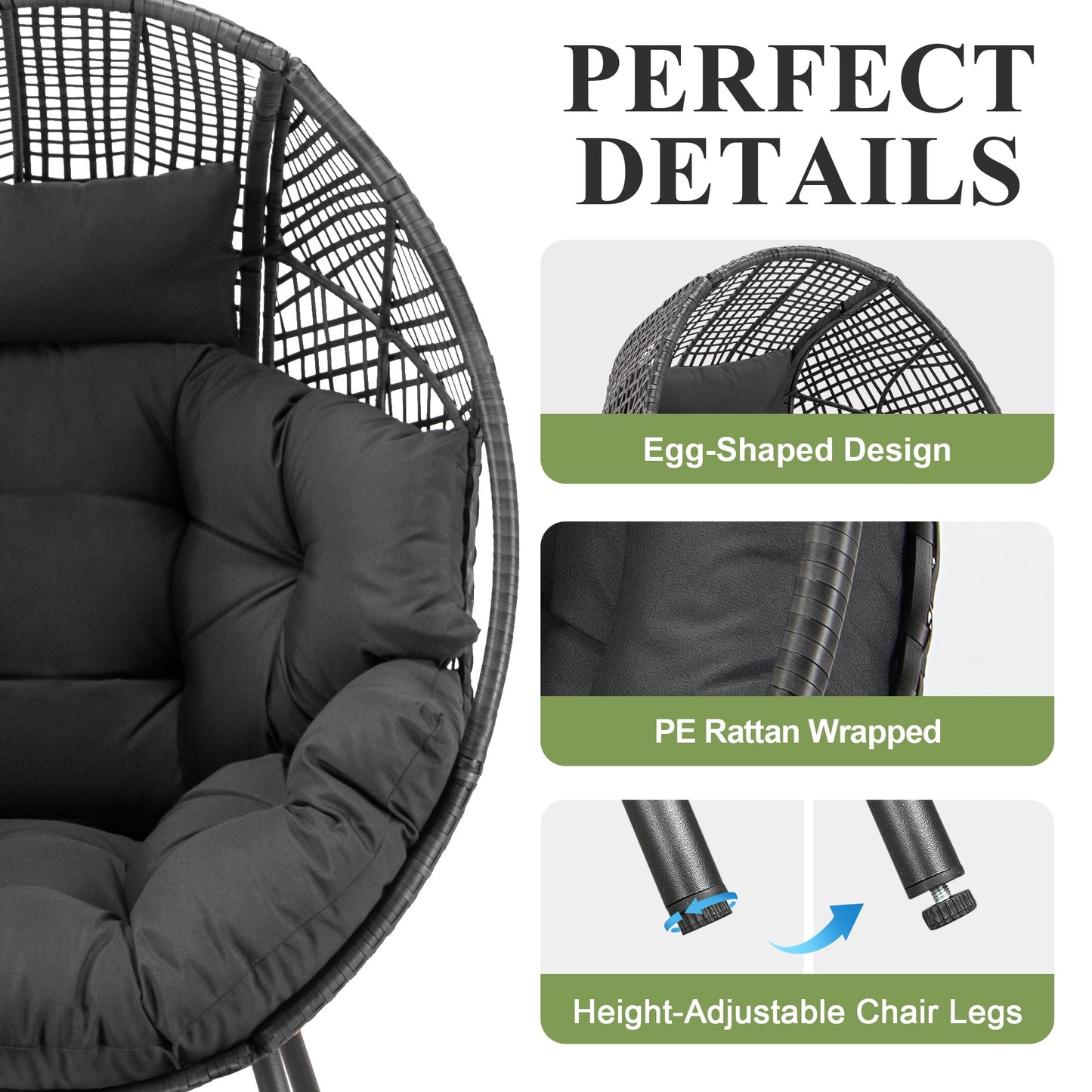 RADIATA Oversized Patio Egg Chair with Footrest, Dark Gray Rattan Outdoor Lounge Chair with Cushion