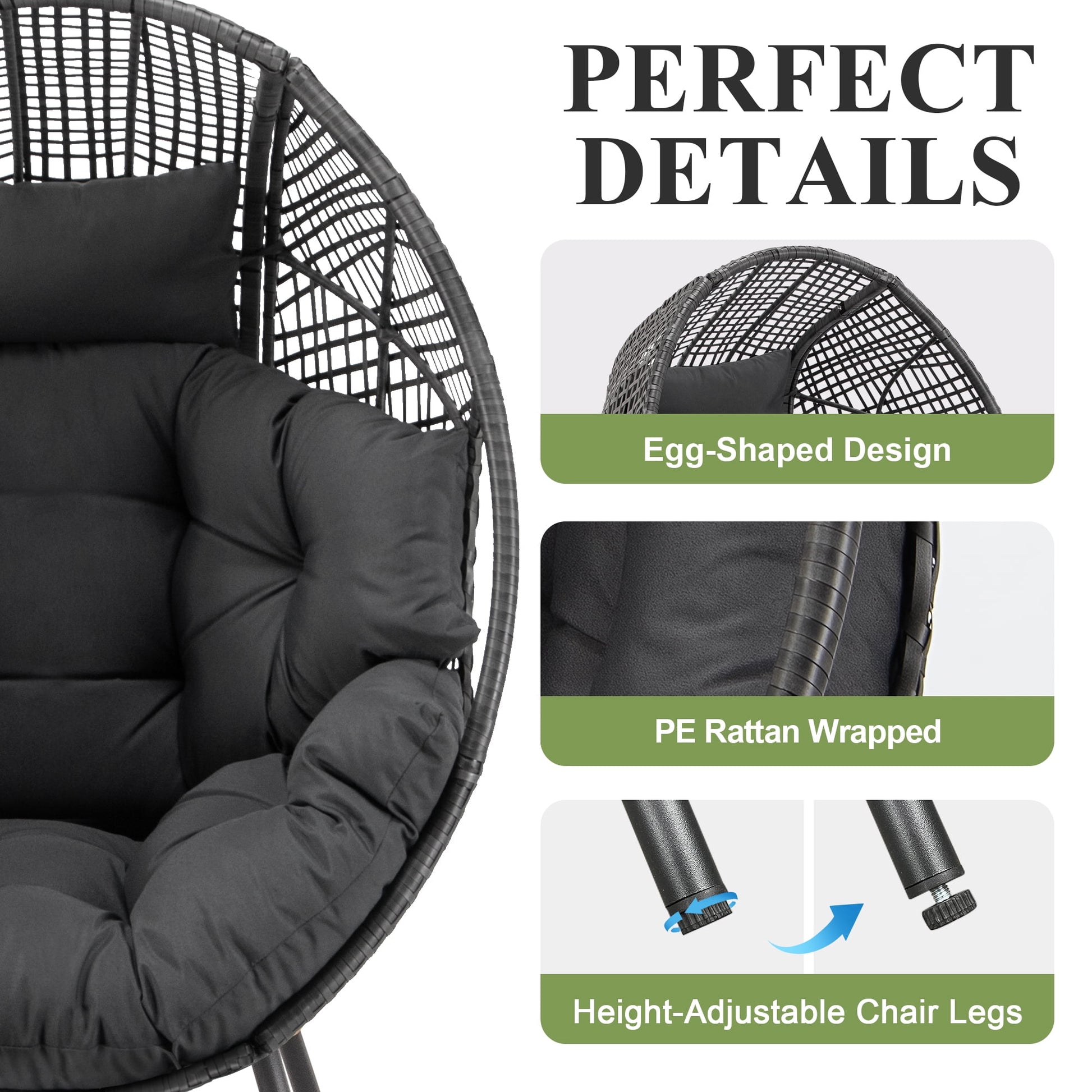 RADIATA Oversized Patio Egg Chair with Footrest, Dark Gray Rattan Outdoor Lounge Chair with Cushion