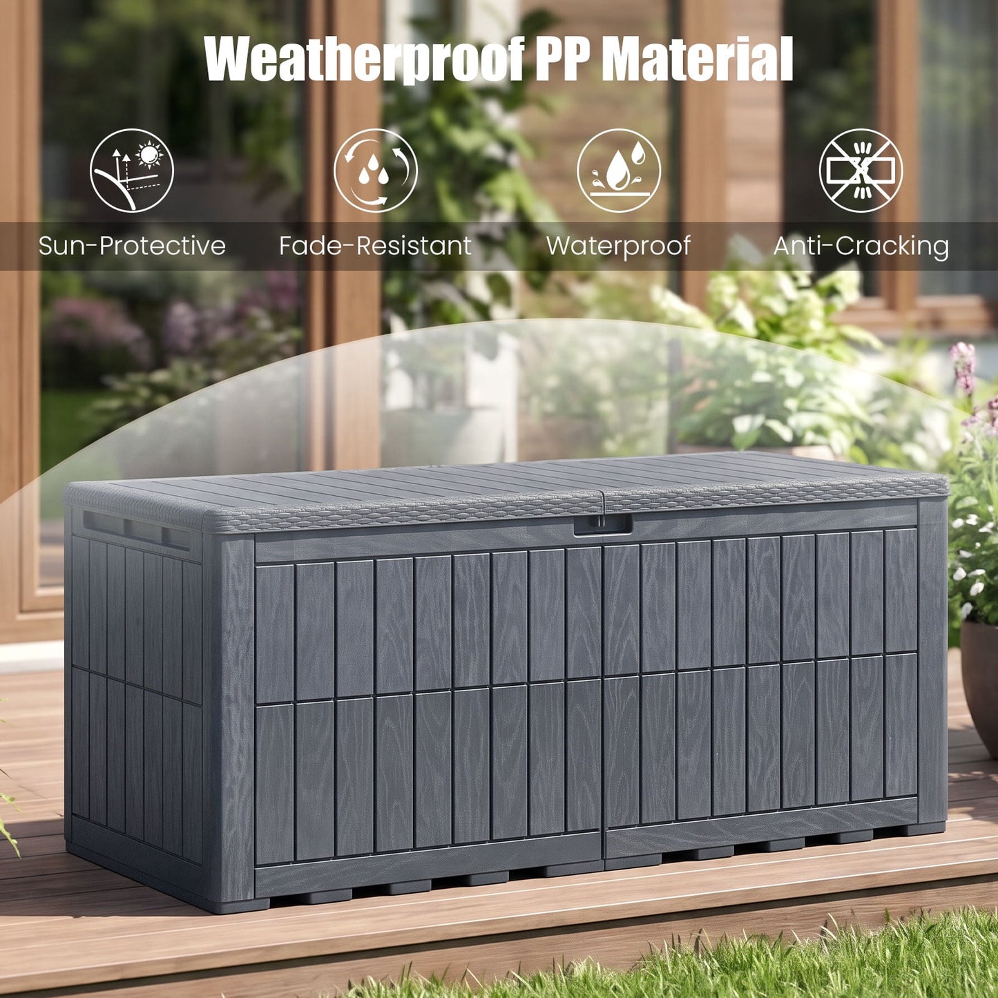 Costway 180 Gal Outdoor Deck Box, All-Weather Lockable Storage Bin with Lid and Handles Gray
