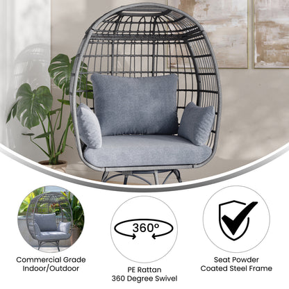 Emma + Oliver Gray/Gray Indoor/Outdoor Oversized Swivel Lounge Egg Chair with Wicker Rattan Construction and 4 Cushions for Patio, Sunroom, or Deck