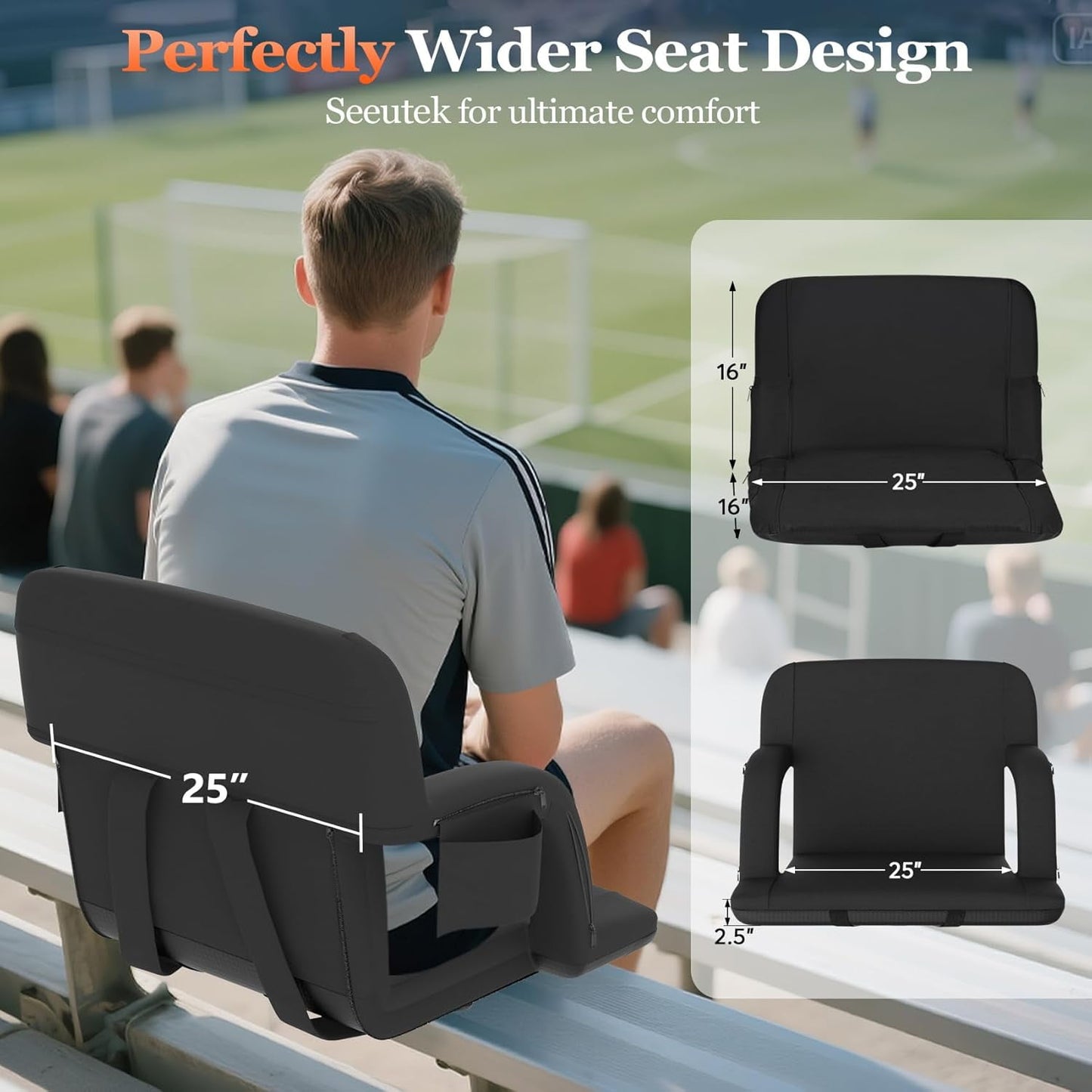 DKMOCO 2PCS 25in Extra Wide Dual Side Heated Stadium Seats for Bleachers with Back Support, Folding Bleacher Seat with Storage Pockets for Outdoor Camping Games Sports, Black(No Battery)