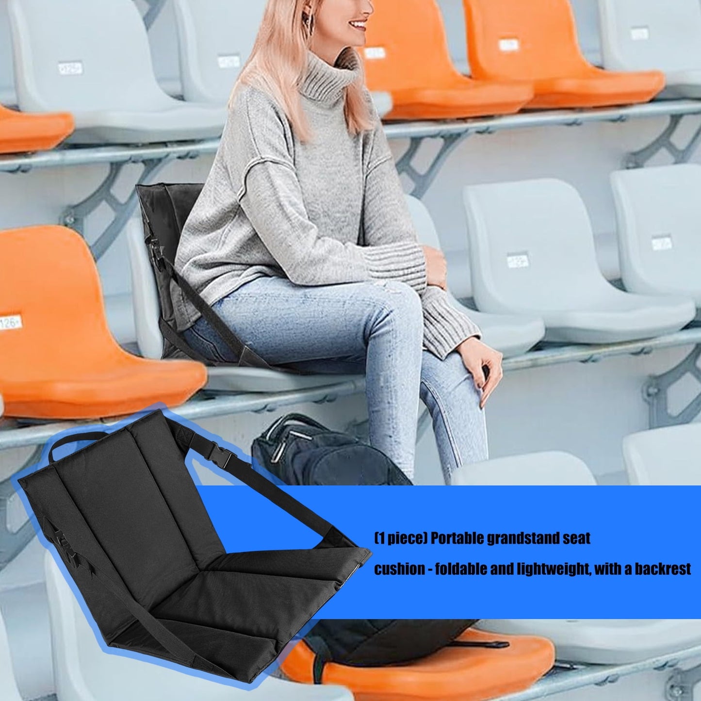 Portable Stadium Pad with Adjustable Shoulder Strap, Water-Resistant Foldable Design for Chairs