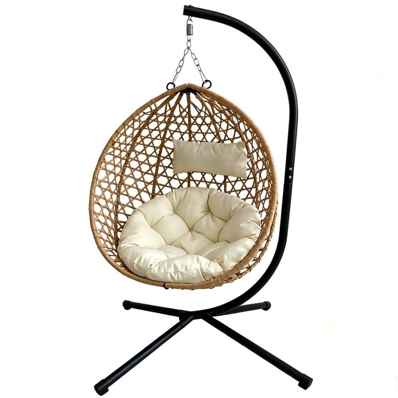 350lbs Capacity Foldable Hanging Chair with Stand, HDPE Rattan Accent Swing Egg Chair with Cushions for Indoor/Outdoor