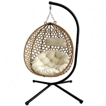 350lbs Capacity Foldable Hanging Chair with Stand, HDPE Rattan Accent Swing Egg Chair with Cushions for Indoor/Outdoor