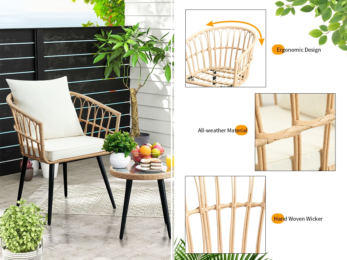 3 Piece Patio Bistro Set,Outdoor Wicker Apartment Balcony Furniture Sets, Rattan Table and Chairs Set of 2 for Porch Backyard Lawn Poolside Deck, Beige