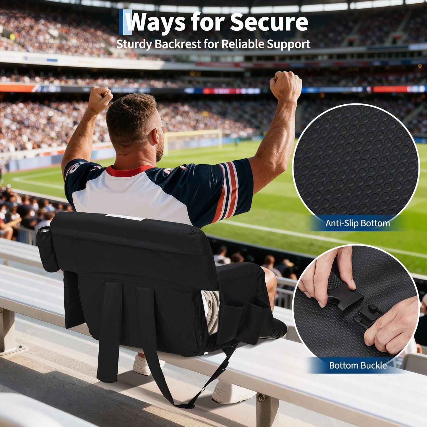 Stadium Seats with Back Support & Padded Cushion – Extra Wide 24.5" Bleacher Chair with Anti-Slip Mat – 6 Adjustable Reclining Positions – Large Pockets & Cup Holders – Portable, Foldable for Football