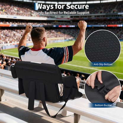 Stadium Seats with Back Support & Padded Cushion – Extra Wide 24.5" Bleacher Chair with Anti-Slip Mat – 6 Adjustable Reclining Positions – Large Pockets & Cup Holders – Portable, Foldable for Football