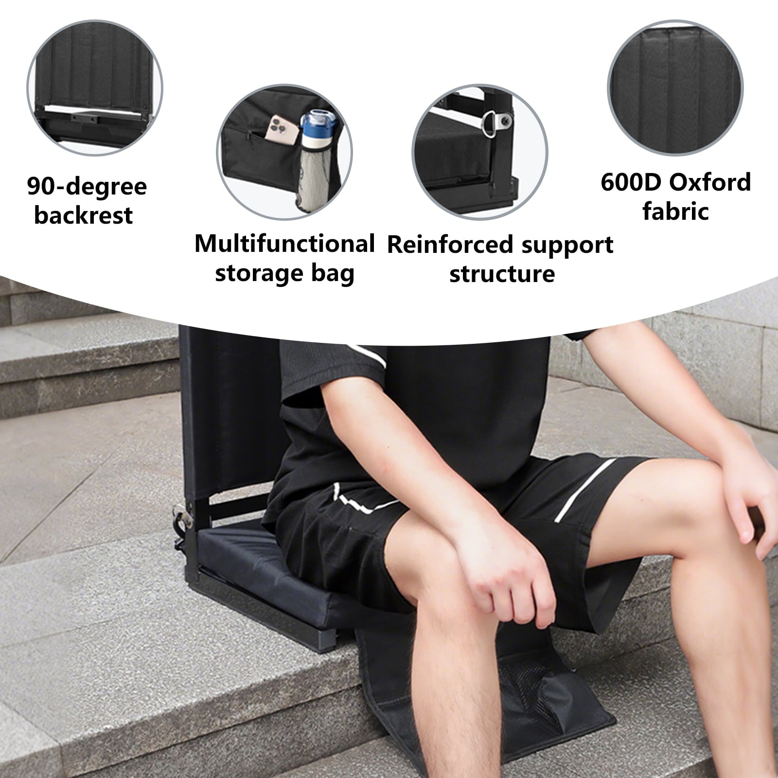 Portable Stadium Seat with Back Support, Folding Bleacher Chair with Cushion, Cup Holders, Storage Pockets – Ideal for Sports Events, Camping & Picnics (Black)