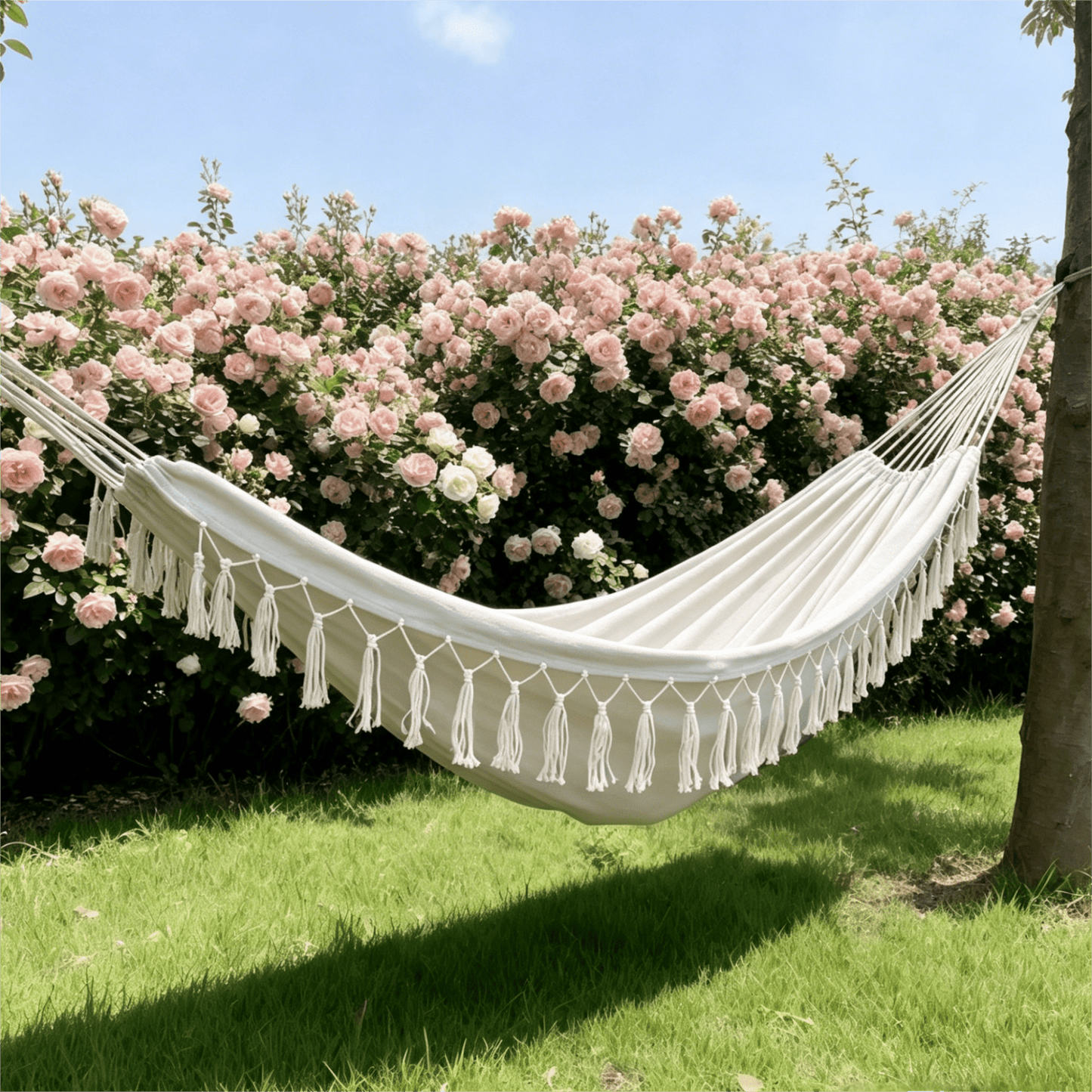 Oaskys Bohemian Style Hammock with Tassels – Handmade Rope Hammock with Wooden Spreader Bars, Heavy Duty Hanging Hammock for Outdoor Garden, Patio and Backyard