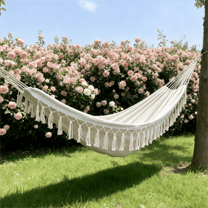 Oaskys Bohemian Style Hammock with Tassels – Handmade Rope Hammock with Wooden Spreader Bars, Heavy Duty Hanging Hammock for Outdoor Garden, Patio and Backyard