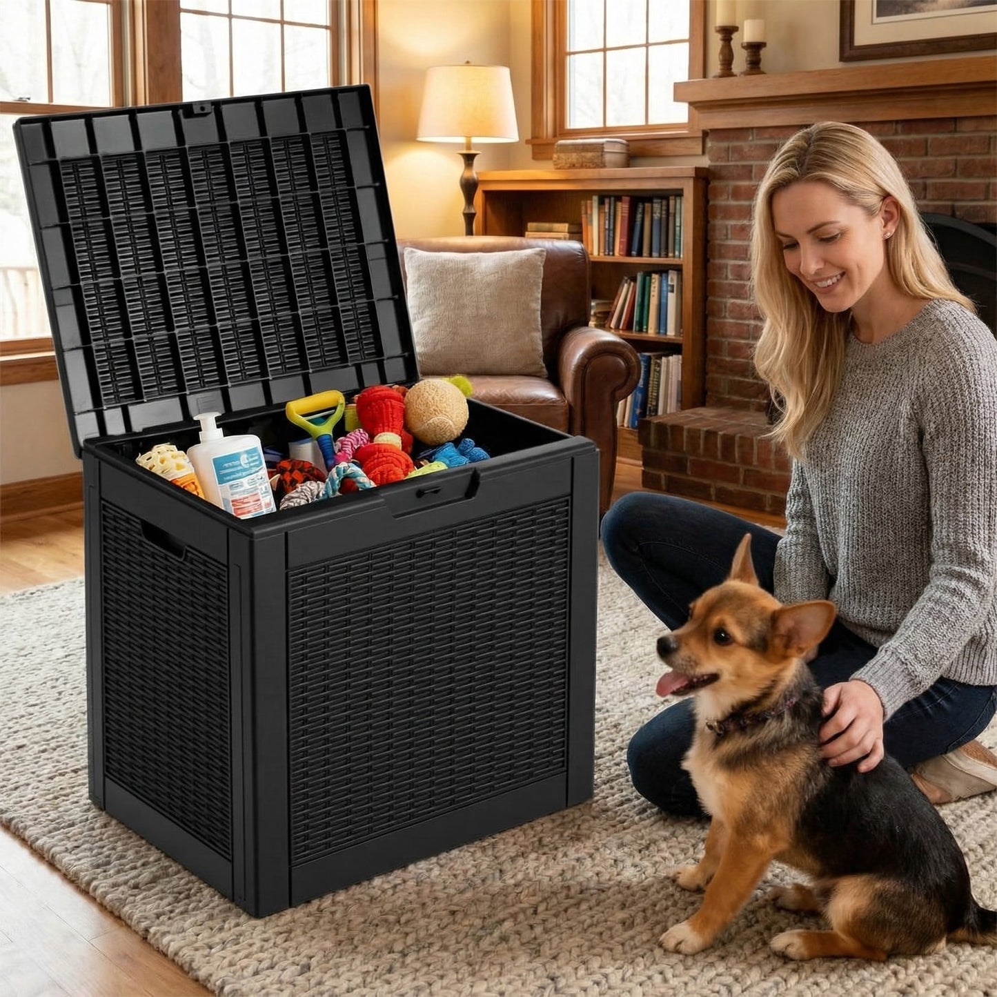 edx 31 Gallon Outdoor Storage Box, Wicker Pattern Resin Deck Box with Lockable Lid & Built-in Handles, 170 Lbs Capacity Storage Bench for Indoor/Outdoor Use, Black
