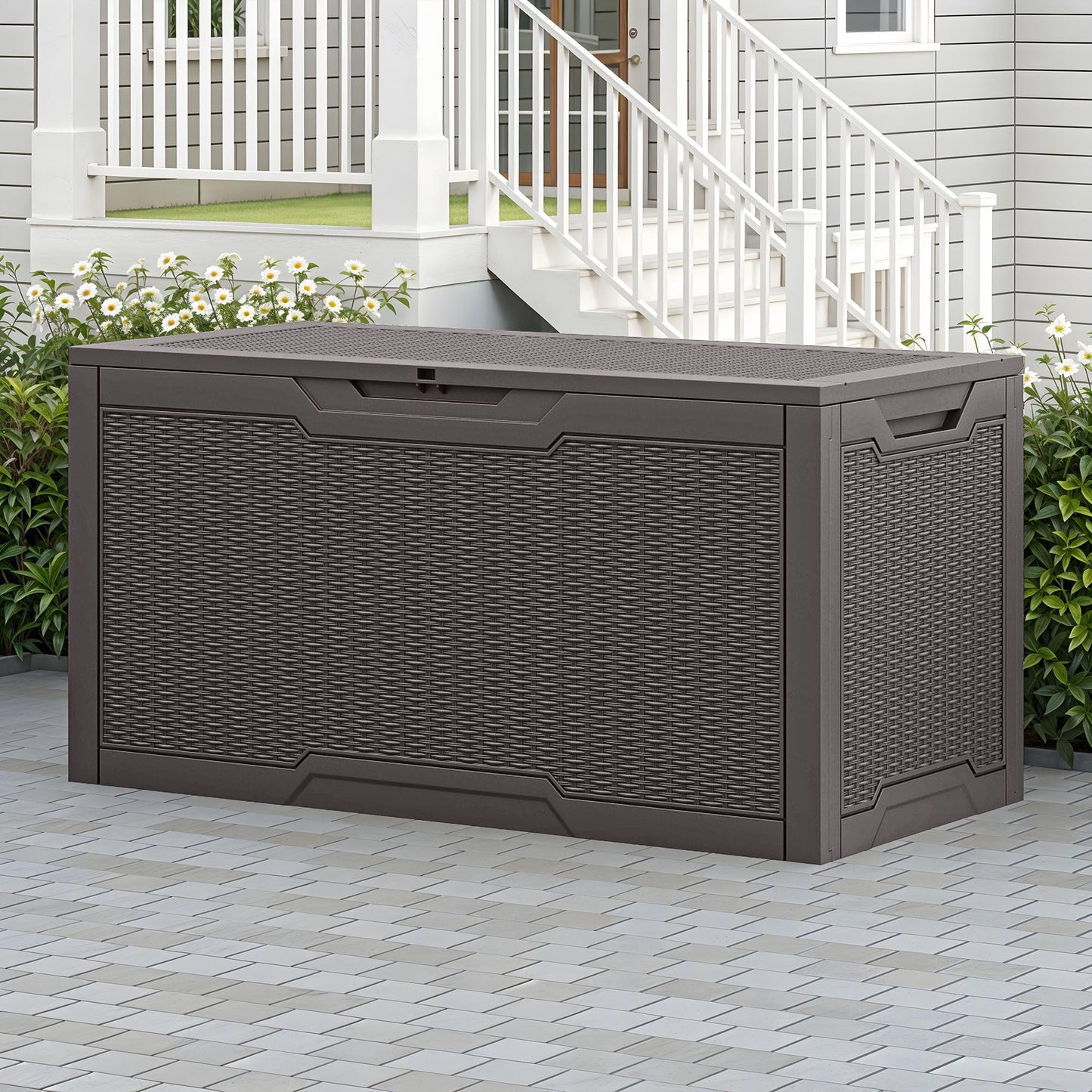 Uforic Lockable 100 Gallon Resin Deck Box, Heavy-Duty Weather Resistant Outdoor Storage Chest, Versatile Storage Solution for Patio Accessories and Daily Essentials, Dark Brown